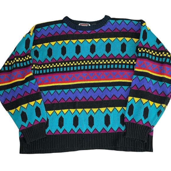 Vintage 90’s Chauvin Geometric Retro Turquoise Knit Sweater - Picture 6 of 8